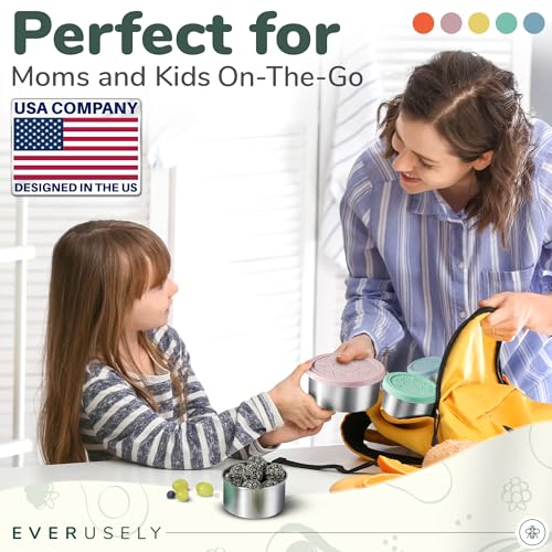 Stainless Steel Food Containers, Metal Lunch Boxes, Set of 5, Bright | Everusely lunch containers feature colorful lids and offer durable utility for snacks, meal prep, and food storage. - color: Bright