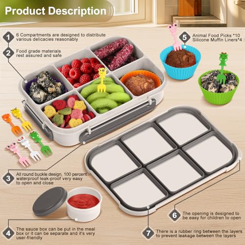 Amathley Lunch Box Kids Girls Boys,Bento Box Adult,Toddler Lunch Containers for School,Leakproof Snack Containers with 6 Compartments,Sauce Container,10 Food Picks and 4 Muffin Cups (White) - color: White