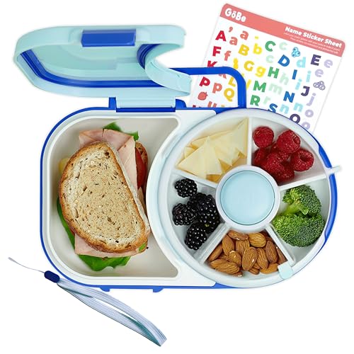 GoBe Kids Lunchbox with Small Snack Spinner Flip - Bundle with Hand Strap & Sticker Sheet, 2-in-1 Bento Style Lunch Container, 5 Small +1 Large Sandwich Compartment, BPA & PVC Free- Macaron Blue - color: Macaron Blue