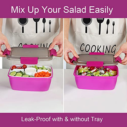Caperci Large Salad Container Bowl for Lunch - Better Adult Bento Lunch Box 68 oz, 5-Compartment Tray, 2pcs 3-oz Sauce Cups, Stackable, BPA-Free (Purple) - color: Purple
