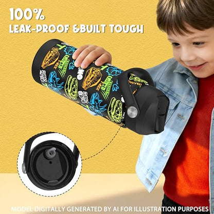 Boys Dinosaur Fossil Water Bottle for School，Kids 18 oz Insulated Stainless Steel Cup with Straw, Double-Wall Vacuum Leakproof - color: C13.Dinosaur-Fossil