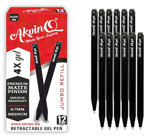AKVINQ® 4X Gel Retractable Gel Pen | 0.7mm Medium Point | Black Gel Ink Pens | Pack of 12 Pens | Premium Matte Finish | Jumbo Refill - For Journaling, Writing, Note-Taking, Office Supplies. - size: 1 Count (Pack of 12)