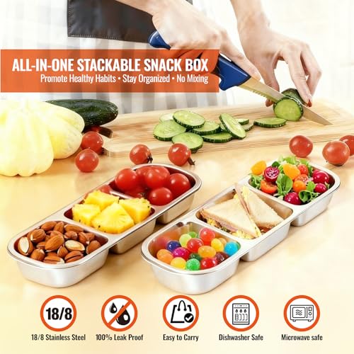 3-Pack Stainless Steel Bento Box - 2+3+3 Compartment Leak-Proof Snack Containers for Kids & Adults, Reusable Lunch Box for Lunchables, Snack Packs (2/3/3 Red) - color: 2+3+3 Compartments Red