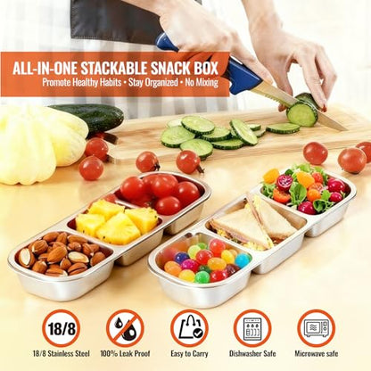 3-Pack Stainless Steel Bento Box - 2+3+3 Compartment Leak-Proof Snack Containers for Kids & Adults, Reusable Lunch Box for Lunchables, Snack Packs (2/3/3 Red) - color: 2+3+3 Compartments Red