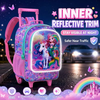 AGSDON 3PCS Kids Rolling Backpack, Girls Roller Wheels Bookbag, Wheeled Elementary School Bag with Lunch Bag - Mermaid - color: Fish Uni Rainbow Roller