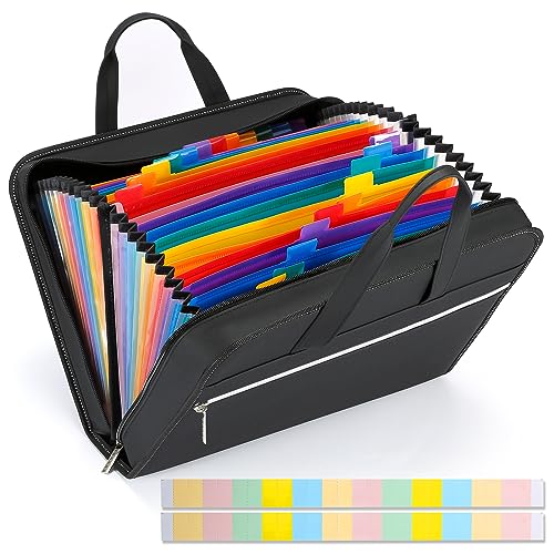 SEEKIND PU Leather Accordian File Organizer 26 Pockets, Expanding File Folder with Handle, Portable Document Organizer Accordion File Keeper for Letter Size / A4 File, for Office, School-Black - size: PU Leather-Black-26 Pockets