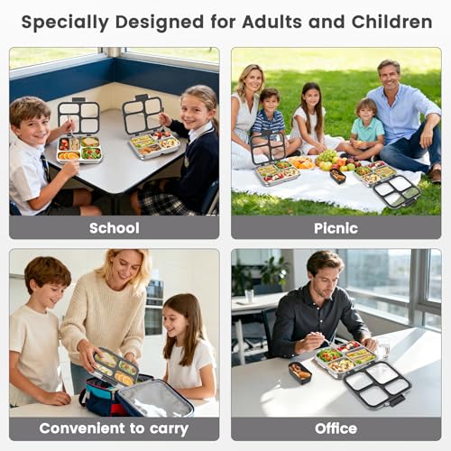 Stainless Steel Bento Box for Kids Adults with Silicone Container, Leak Proof 4 Compartments Metal Lunch Box, Removable Silicone Seal & Clear Lid Food Container for School Office, BPA-Free(Black) - color: Black