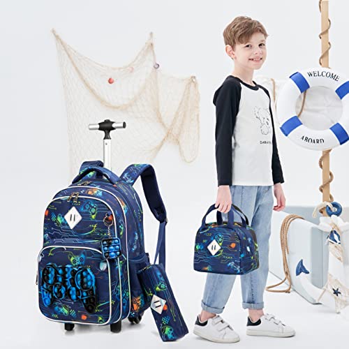 Meetbelify Rolling Backpack for Boys with Wheels Kids Travel Suitcase Laptop Luggage with Lunch Box Set for Boys Age 6-8 - color: 02 Game