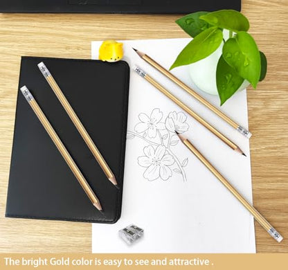 Adhere 25pcs Woodcase Pencils with Eraser Premium Pre-Sharpened Hexagon Graphite 2B pencils ideal for home, office writing including a Free Sharpener - color: Gold・25pcs