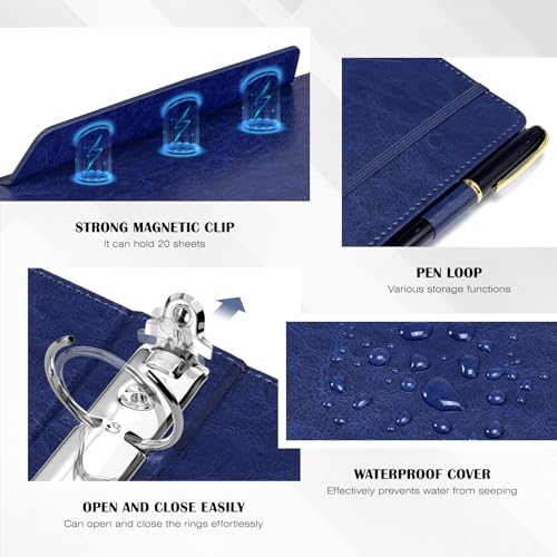 Ospelelf 3 Ring Clipboard Binder with Storage Pouch, 1 Inch Round Ring, Leather Magnetic Clipboard Folder with Notepad (11" x 8.5"), 5 Dividers with 10 Pockets, School Office Binder, Navy Blue - color: Blue