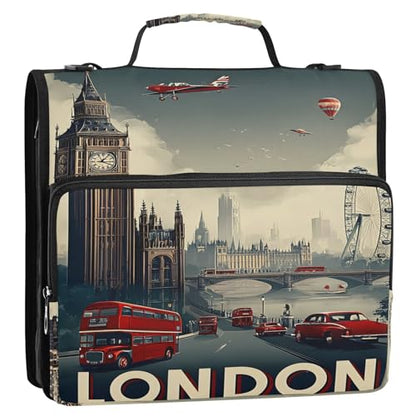3 Ring Zipper Binder London City Landscape Binders Bag with Shoulder Strap 500 Sheets Paper Organizer Trapper Keeper Documents Storage File Folder for School Office - color: A2845