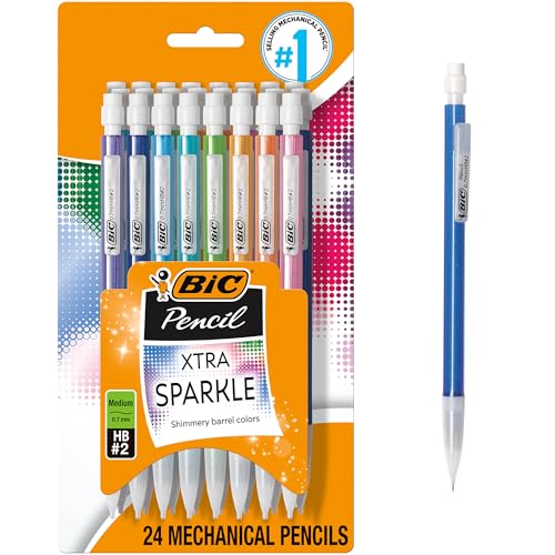 BIC Xtra-Sparkle Number 2 Mechanical Pencils With Erasers, Medium Point (0.7mm), 24-Count Pack, Mechanical Pencils for School Supplies - size: 24 Count (Pack of 1), style: Sparkle Edition