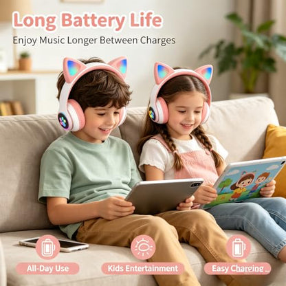 Cat Ear Bluetooth Headphones for Kids & Adults, Wireless Foldable & Wired Multi-Function LED Light Up Over Ear Headphones with Mic and Volume Control for iPhone/iPad/Laptop/PC (White 2) - color: white 2