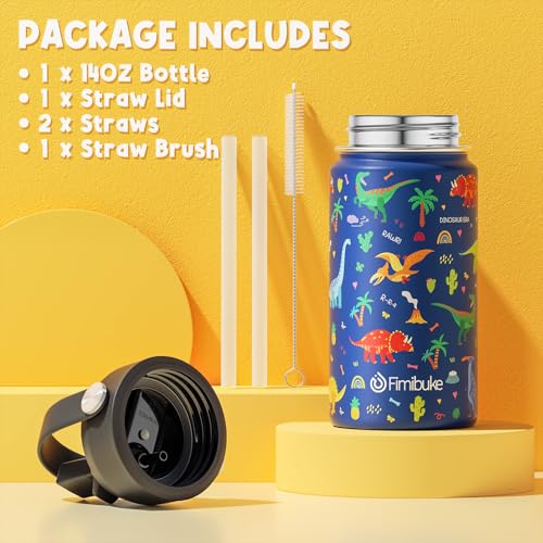 Fimibuke Kids Insulated Water Bottle, 14oz BPA FREE 18/8 Stainless Steel Travel Tumbler Double Wall Vacuum Leak Proof Kids Cup with Straw Metal Bottle for School Boys Girls(1 Pack, BLUE DINOSAUR) - color: A11. BLUE DINOSAUR