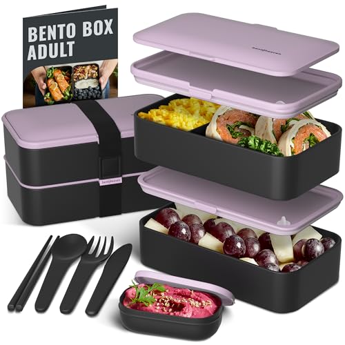 Bentoheaven Bento Box Adult, Stackable Lunch Box, 40 oz, Violet Me Go | BPA-free, leakproof and microwave-safe with 2 compartments, utensils, chopsticks, divider and sauce cup for men and women. - color: Violet Me Go