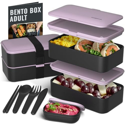 Bentoheaven Bento Box Adult, Stackable Lunch Box, 40 oz, Violet Me Go | BPA-free, leakproof and microwave-safe with 2 compartments, utensils, chopsticks, divider and sauce cup for men and women. - color: Violet Me Go