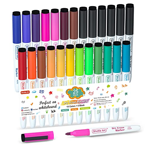 Shuttle Art Dry Erase Markers, 25 Pack 20 Colors Whiteboard Markers,Bundled with 5 Extra Black, Fine Tip Markers for Kids,Perfect for Writing on Dry-Erase Surfaces,School Office Supplies - color: 19 Colos 25 Pack