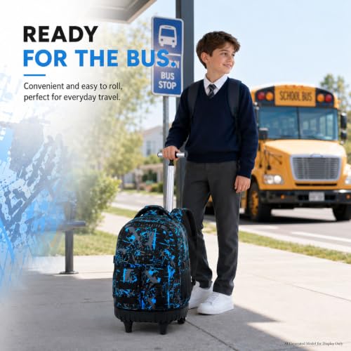 WZLVO 3PCS Wheeled Backpack, Water Resistance Rolling Bookbag for Boys, Roller School Bag Set with Lunch Box & Pencil Bag for Teens & Kids - Spray Blue - color: 3pcs Boys Rolling Backpack - Spray Blue