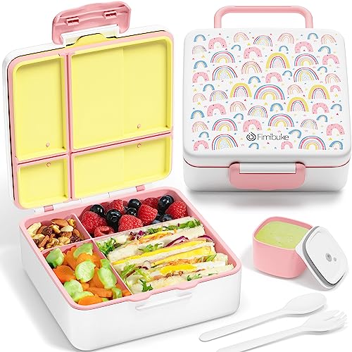 Fimibuke Bento Lunch Box for Kids, Toddler Bento Box with 4 Compartments | Leak Proof BPA Free Dishwasher Safe Lunch Container with Utensils, Ideal Portion Sizes for Ages 3-12 Girls Boys for School - color: A1. Rainbow