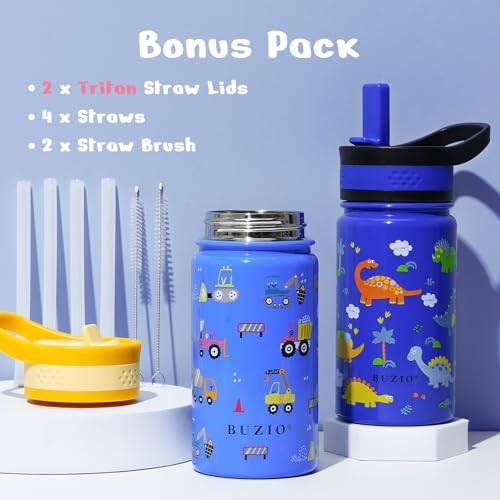 2 Pack Insulated Kids Water Bottle, BUZIO 14oz Stainless Steel Water Bottles with Tritan Straw Lid, BPA-FREE Lead-Free Double Wall Leak Proof Drink Cups Flask for School (Blue Car +Blue Dinosaur) - color: Blue/Blue