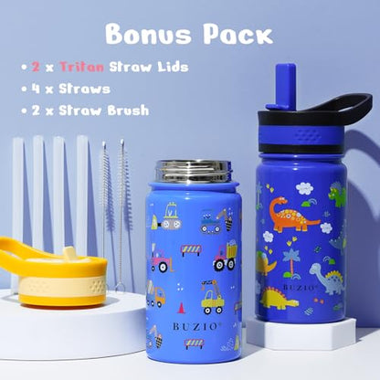 2 Pack Insulated Kids Water Bottle, BUZIO 14oz Stainless Steel Water Bottles with Tritan Straw Lid, BPA-FREE Lead-Free Double Wall Leak Proof Drink Cups Flask for School (Blue Car +Blue Dinosaur) - color: Blue/Blue