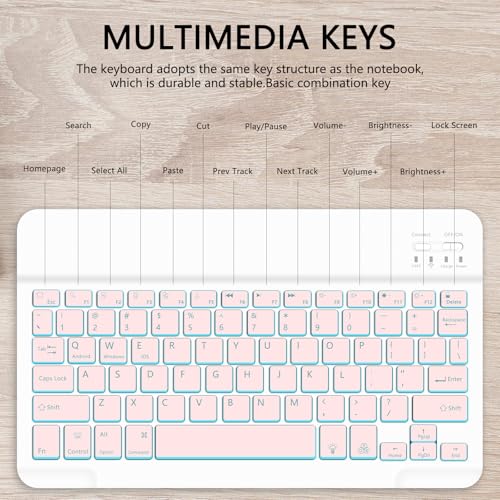 for Bluetooth Keyboard, Cute Tablet Stand Adjustable & Foldable, 7-Color Wireless Rechargeable Keyboard for iPad, iPad Pro/Mini/Air， Samsung Xiaomi Tablets, etc - Pink - color: B-Backlight Keyboard-Pink