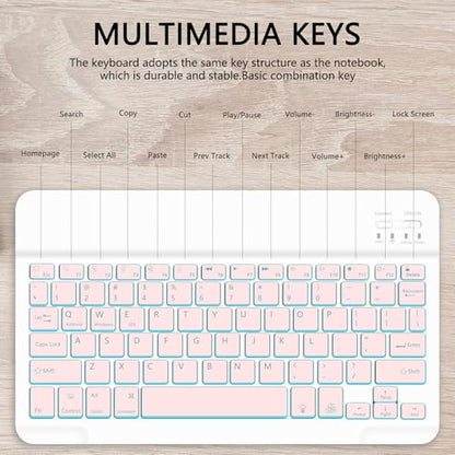 for Bluetooth Keyboard, Cute Tablet Stand Adjustable & Foldable, 7-Color Wireless Rechargeable Keyboard for iPad, iPad Pro/Mini/Air， Samsung Xiaomi Tablets, etc - Pink - color: B-Backlight Keyboard-Pink