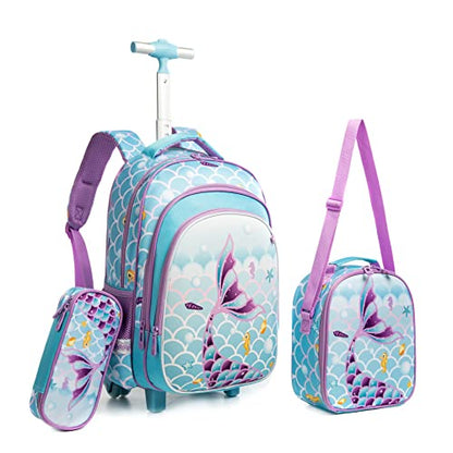 Meetbelify Girls Rolling Backpack Wheels Backpacks Kids Luggage for Elementary Preschool Students Cute Suitcase Trolley Trip Wheeled Mermaid Backpack with Lunch Box for Girls - color: 01 Blue Mermaid