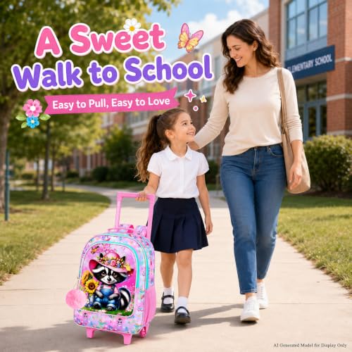gxtvo Girls Rolling Backpack, Cute Raccoon Roller Wheels Kids Bookbag - Wheeled Elementary School Bag - 3PCS Raccoon - color: Uv Printing Raccoon Pink Rolling Backpack