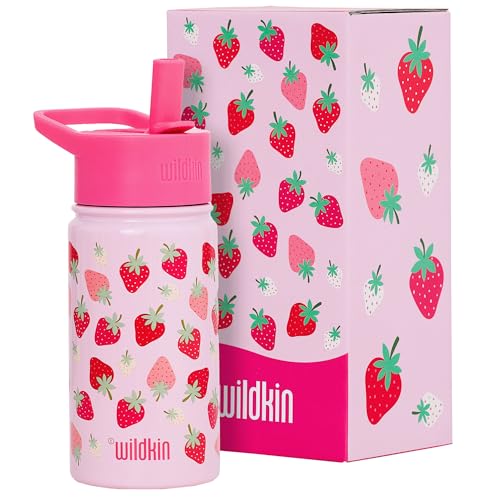 Wildkin Kids Stainless Steel Water Bottle, 14oz, Strawberry | 14oz insulated steel water bottle — coordinates with matching Wildkin backpacks and lunch boxes - color: Strawberry Patch, size: 14 Oz