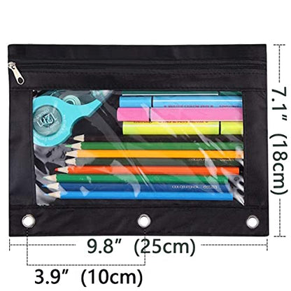 Zippered Binder Fabric Pencil Pouch | 3 Rings with Clear Window for School Classroom Organizers 8 pack (Black) - color: Black