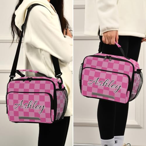Custom Student Lunch Bag for Boys Girls Pink Checkerboard Personalized Lunch Box With Name Insulated Cooler Bag for School Picnic Travel - color: Multi08
