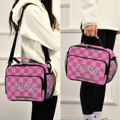 Custom Student Lunch Bag for Boys Girls Pink Checkerboard Personalized Lunch Box With Name Insulated Cooler Bag for School Picnic Travel - color: Multi08