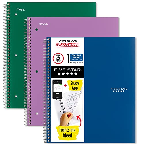 Five Star Spiral Notebooks with Pockets + Study App, 3 Pack, 1-Subject, College Ruled Paper, 11” x 8-1/2", 100 Sheets, Forest Green, Amethyst Purple and Pacific Blue (38456) - color: Green, Blue, Purple