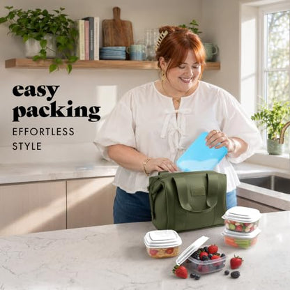 Fit & Fresh Remi Lunch Bag for Women Work – Neoprene Lunch Tote with Containers & Ice Pack, Reusable Meal Prep Lunch Box, Large Capacity, Machine Washable - color: Olive Green