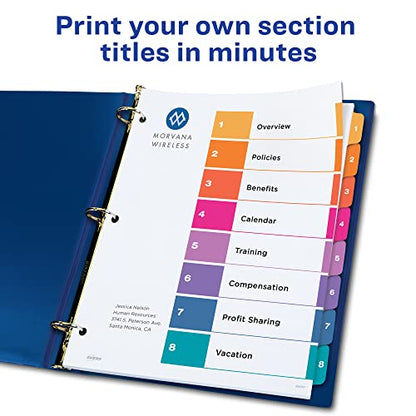 Avery 8 Tab Dividers for 3 Ring Binders, Customizable Table of Contents, Multicolor Tabs, 6 Sets (11186) (Pack of 10) - size: 8 tabs (Pack of 10)