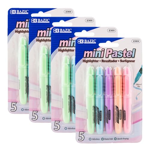 BAZIC PRODUCTS Mini Pastel Highlighters, Chisel Tip, 5 Count, 4-Pack | Quick-dry, assorted pastel mini highlighters, compact, cap clip, non-toxic ink, ASTM D-4236, odorless - color: Pastel, size: 1 Count (Pack of 4)