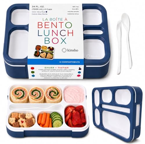 Bento Lunch Box Snack Containers for Kids Boys Girls Adults, 6 Divided Compartments - School, Daycare, Leak Proof Meal Planning Portion Control, BPA-Free Boxes, Utensils, Navy Blue - color: Navy