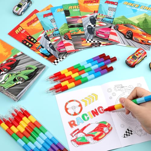 BenLouis 24 Race Car Mini Coloring Books Kids with 24 Stacking Crayons Racing Theme Party Favors Activity Books Bulk for Kids Fast Racecar Wheel Birthday Goodie Bag Gift Stuffer Classroom Reward - style: Racecar