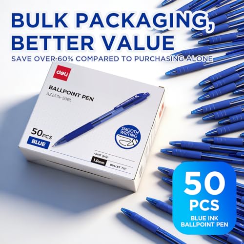 deli Pens Bulk,50 Pack Ballpoint Pens Blue Ink 1.0MM Medium Point | Smooth Writing Retractable Pen with Soft Grip, No Bleed, Fast Dry for Office School Home Use - color: Blue, size: 50 PCS