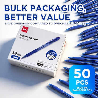 deli Pens Bulk,50 Pack Ballpoint Pens Blue Ink 1.0MM Medium Point | Smooth Writing Retractable Pen with Soft Grip, No Bleed, Fast Dry for Office School Home Use - color: Blue, size: 50 PCS