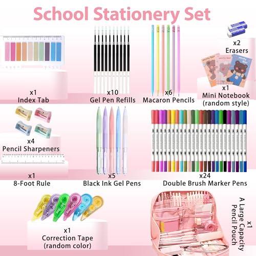56 PCS Aesthetic School Supplies with Large Pencil Case, 24 Double Brush Marker Pens, 5 Black Ink Gel Pens, 6 Macaron Pencils, 4 Sharpeners, Sticky Notes, Ruler, Erasers, Stationery Gift - color: Pink