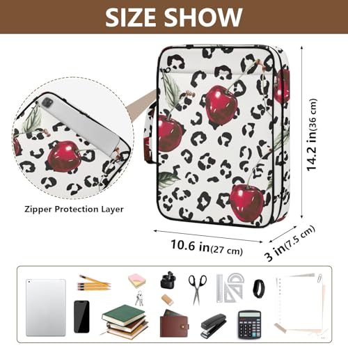 ALAZA Cherry Leopard Spots Zipper Binder with Handle, 7-Pocket Expanding File Folder, Detachable 3-Ring Binder, File Organizer for Home Office Work A4 Letter Size Paper Document