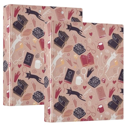 Hand Drawn Cute Cat Books Glasses Heart Flower 3 Ring Binder 1.5" Decorative D-Ring Binder with Clipboard&3 Clear Pockets, Holds 200 Sheets A4 Size Paper Waterproof Binders for School Home Office|2 PC - color: Cat Books Glasses, size: 12.4x10.63x2.36 Inch
