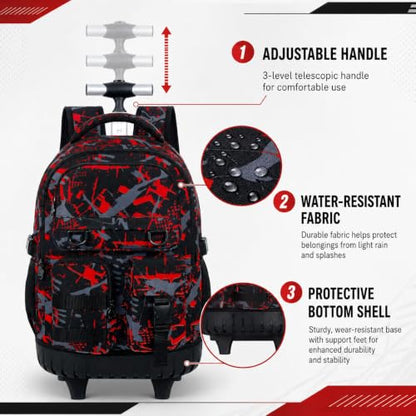 CCJPX 3Pcs Rolling Backpack for Boys, Roller Wheeled School Bookbag, Graffiti Wheels Backpacks with Lunch Box for Kids (Red) - color: Graffiti Red
