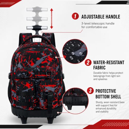 CCJPX 3Pcs Rolling Backpack for Boys, Roller Wheeled School Bookbag, Graffiti Wheels Backpacks with Lunch Box for Kids (Red) - color: Graffiti Red