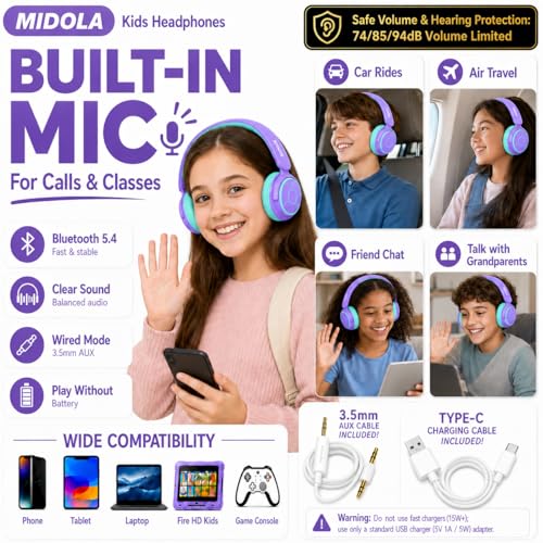 MIDOLA Kids Bluetooth Headphones 68H Play Time,Volume Limit 85/94dB, Foldable Lightweight Wireless Over-Ear Headphone for Kid Toddler Child Pad Tablet,Headsets with Built-in Mic Purple - color: Purple