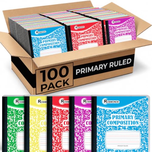 Rosmonde 100 Pack Bulk Primary Composition Notebooks, 200 Pages (100 Sheets), 9-3/4" x 7-1/2", Grades K-2, Primary Ruled Composition Notebook, Bulk Writing Journal, Hardcover, Assorted Marble - size: 100 Pack, style: Assorted - Writing