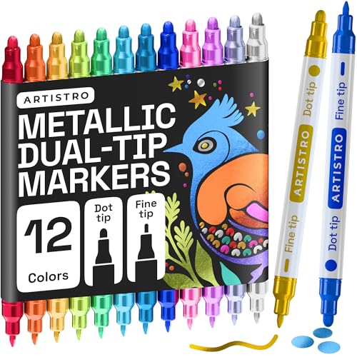 ARTISTRO 12 Metallic Dual-Tip Acrylic Paint Markers – Paint Pens Set with Dot & Fine Tips for Fabric, Rock, Glass, Wood, Coloring Books – Arts & Crafts Gift – Classroom Must Haves & School Supplies - style: Metallic