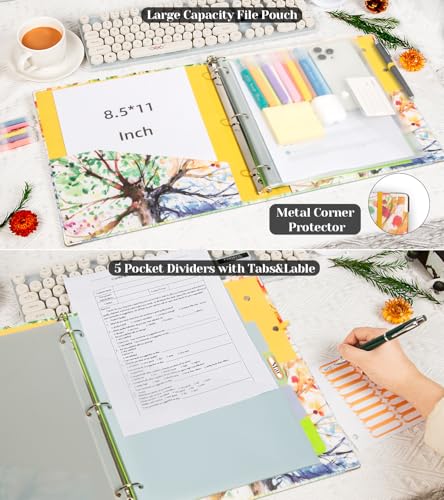 3 Ring 1 Inch Binder Organizer, KLLVE Three Ring Binders with Clipboard, 5-Tabs Pockets Dividers, Plastic Folder, 18 Divider Stikers,Pen Loop (Green Tree, Letter Size) - color: Green Tree, size: 1in（Letter Size）